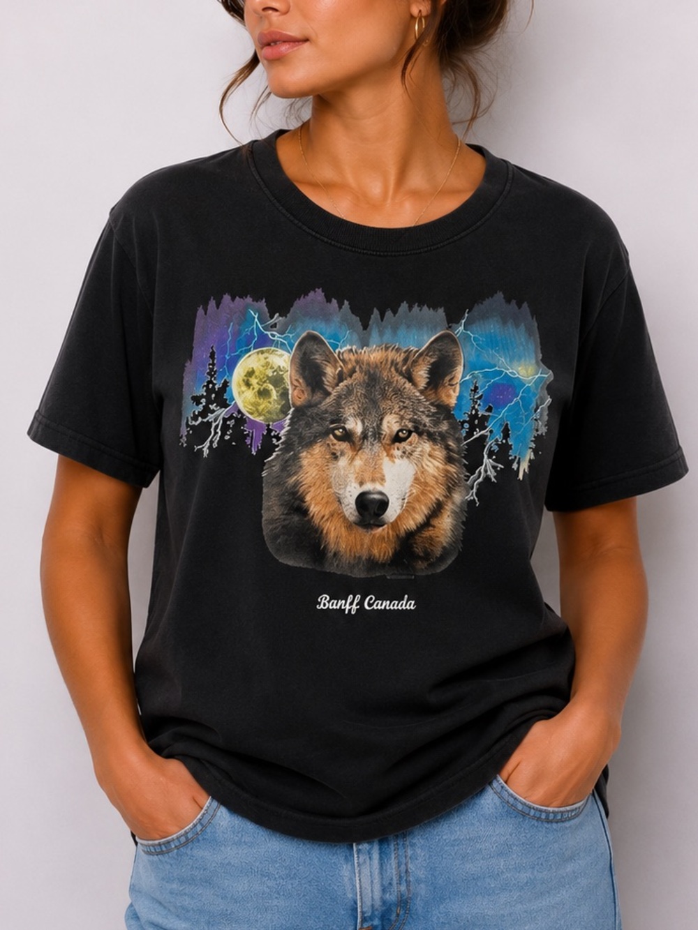 Banff Canada Tourism Tee Shirt Western Short Sleeve Tee with Wolf Design